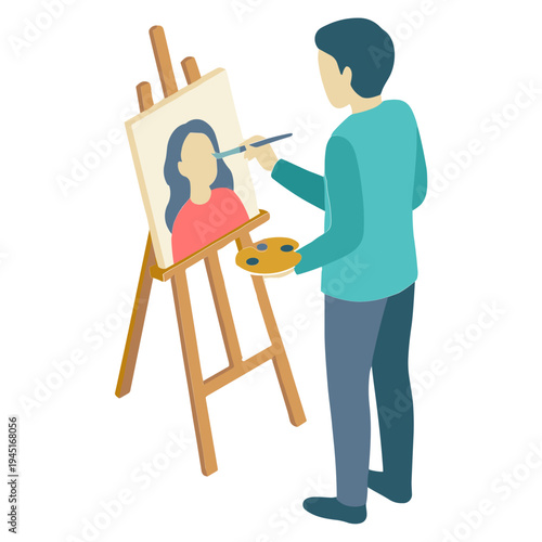 A man is painting a woman's portrait on canvas with a brush and palette indoors.