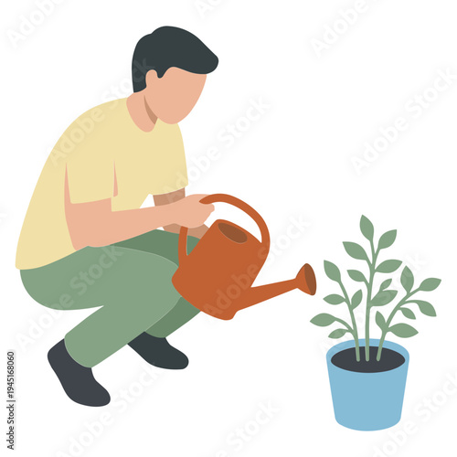 A man waters a potted plant with a watering can indoors.