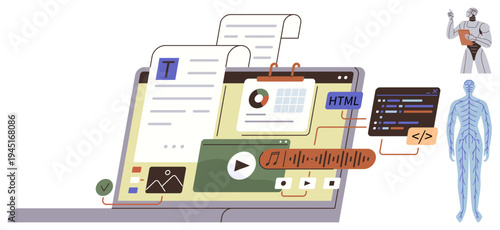 Web development, artificial intelligence, coding, multimedia design, healthcare applications, robotic integration. Open laptop displaying web tools, programming and media elements. Web development