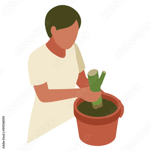 A person planting a green plant in a brown pot indoors.