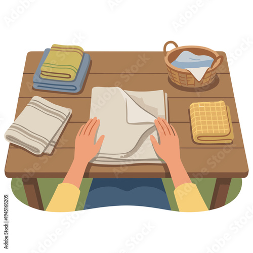 Person folding laundry on a wooden table indoors with hands