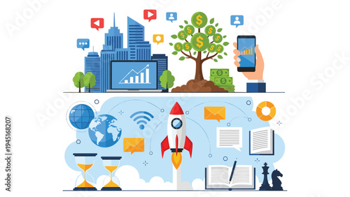 Business growth and startup concepts featuring a money tree, financial statistics, and a space rocket launch.