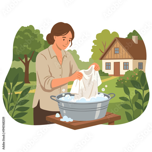 Woman washing clothes in a large metal bucket outside a house