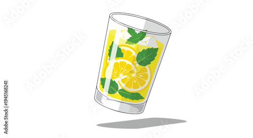 Refreshing Lemonade Drink with Fresh Mint Leaves and Ice Cubes Illustration