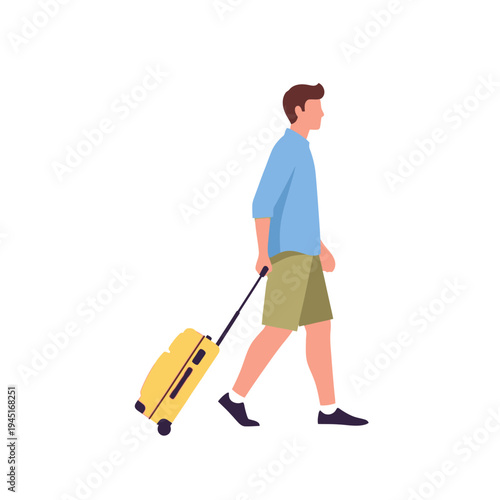 Man with yellow suitcase walking, travel concept, isolated on white background.