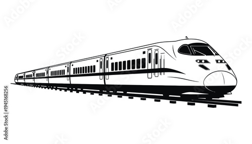 A train vector illustration on railroad tracks in black and white