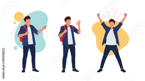Young man with a backpack in various poses representing pointing, giving an okay sign, and celebrating success.