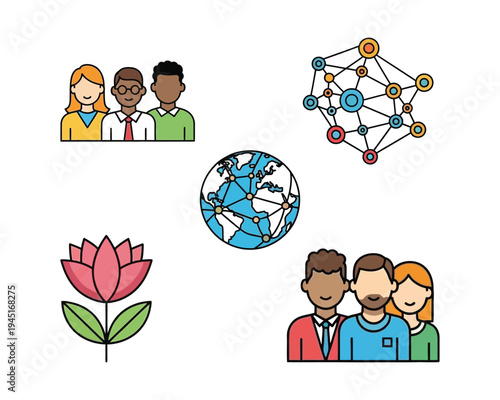 A collection of flat icons representing global networking community diversity and growth