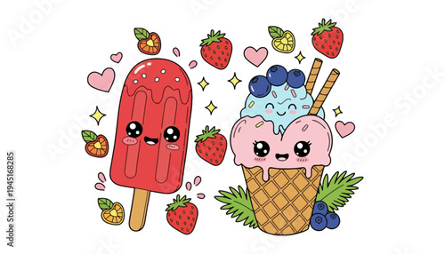 A colorful illustration of ice cream and popsicle with fruits and hearts