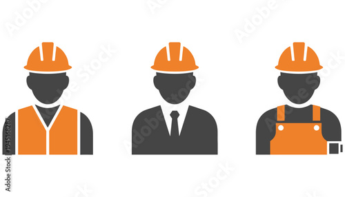 Worker icons in orange hard hats and different uniforms vector illustration
