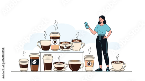 Woman in a blue shirt and black pants standing next to a large assortment of different coffee drinks and cups.