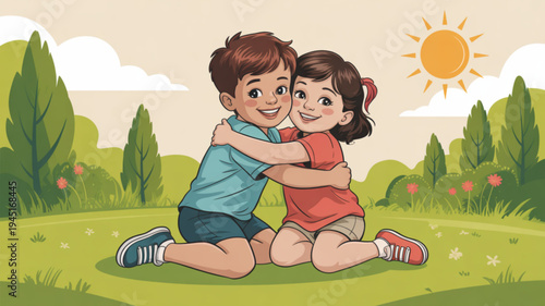 Two happy children hugging in a green field with trees and sunny sky