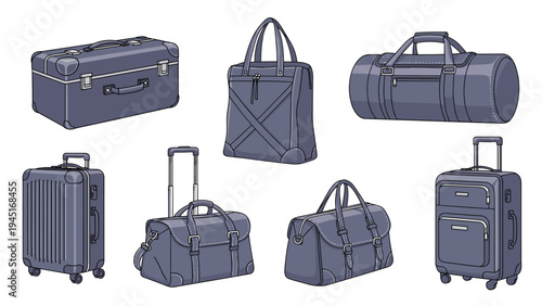 Collection of stylish travel bags and luggage including suitcases, duffle bags, and backpacks in a uniform blue color.