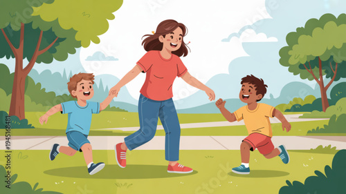 Happy family running together in a park on a sunny day with green trees