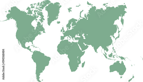 A Flat World Map Illustration in a Soft Sage Green Color on a White Background earth globe