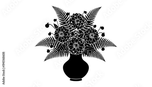 A flower silhouette illustration in a vase with ferns and berries