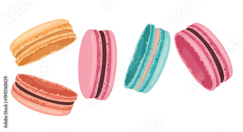 Set of Colorful Delicious French Macarons Isolated on White Background
