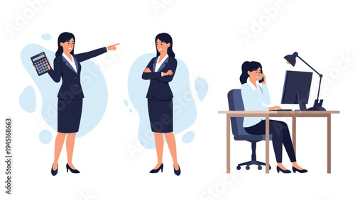 Professional businesswomen are depicted in various office roles including presenting with a calculator and working at a computer.