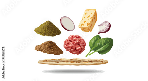 Fresh Ingredients for Cooking Flatbread Taco or Wrap Isolated on White Background