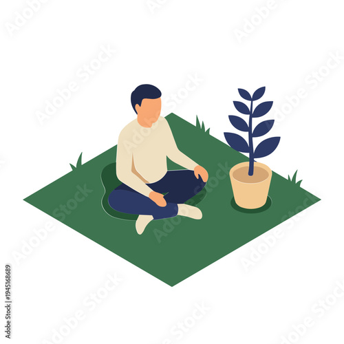 Man meditates peacefully on grass next to a potted plant outdoors