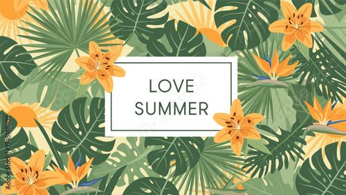 Vibrant tropical summer background showcases lush green palm leaves, orange lilies, and a white frame with the text Love Summer.