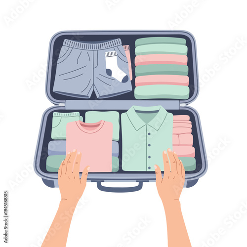 Packing suitcase with folded clothes for travel or vacation