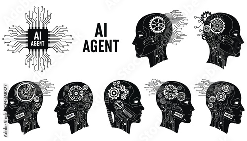 AI agent silhouette illustrations with gears and circuitry inside human heads