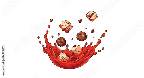 Tofu and Meatball Splash in Spicy Red Sauce Illustration