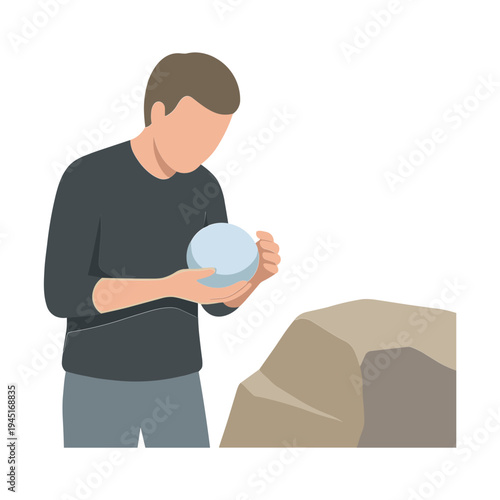 Man examines a blue sphere next to a large brown rock outdoors closely.