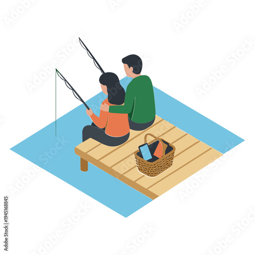 Couple fishing on a wooden pier over calm water with a basket