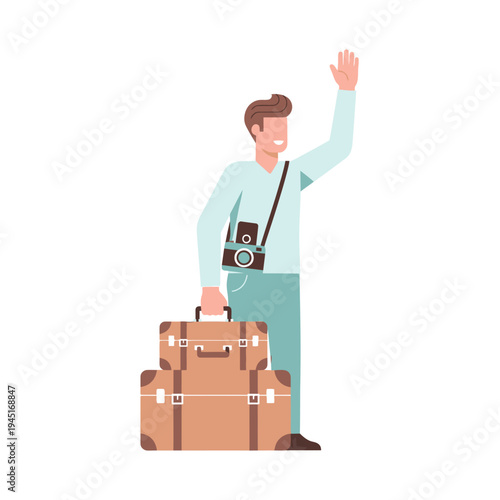 Traveler waving hello with luggage and camera, ready for adventure