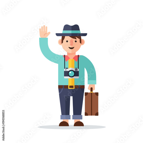 Traveler Photographer Waving Hello with Camera and Suitcase