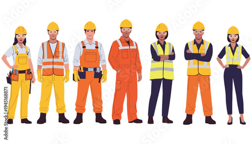Worker illustration set in safety gear and uniform standing together