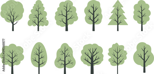 Collection of Twelve Stylized Trees with Green Foliage and Dark Trunks on White nature plant