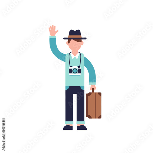 Traveler with Camera and Suitcase Waving Hello