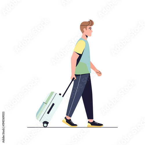 Young man walking with a suitcase, travel concept, flat illustration