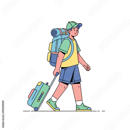 Young Man Traveler With Backpack and Suitcase Walking, Ready for Adventure