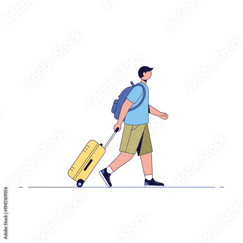 Young Man Walking with Yellow Suitcase and Backpack, Travel Concept