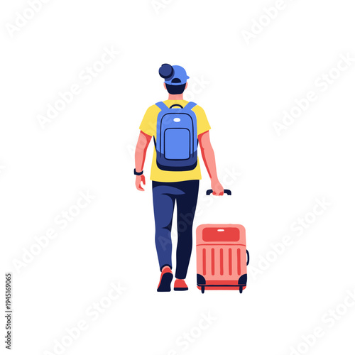Young man walking with backpack and suitcase, travel and adventure concept