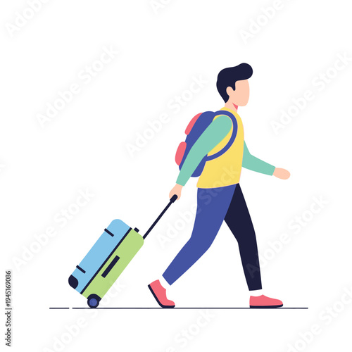 Young man with backpack and rolling suitcase walking, travel concept illustration