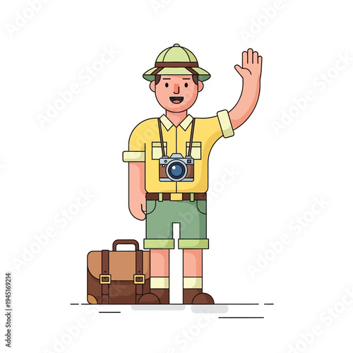 Cartoon Explorer Waving Hello With Camera and Suitcase