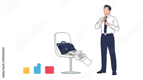 Confident businessman prepares for work by adjusting his tie in a minimalist room with a chair, briefcase, and scattered papers.
