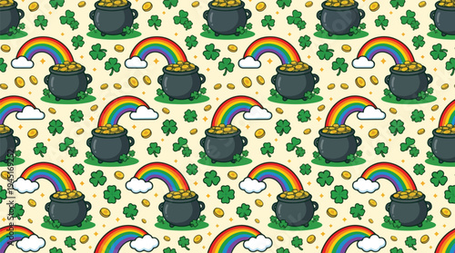 Colorful St. Patrick's Day seamless pattern with vibrant rainbows ending in pots of gold and lucky green shamrocks, perfect for festive digital designs