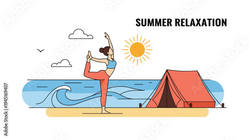 Young woman practices yoga in a king dancer pose on a sandy beach near a camping tent during a peaceful summer relaxation trip.