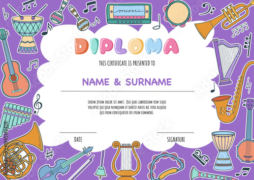 Horizontal musical diploma. Colorful frame with violin, guitar, saxophone, harp and notes. Diploma template for kindergarten students. Certificate of kids diploma. Vector Illustration
