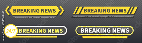 Breaking news banner template with yellow lower third bar for TV broadcast channels, realistic vector set of frames isolated on transparent background. Elegant header overlay graphic, live headlines