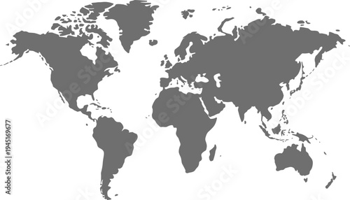 Simple World Map Silhouette in Solid Gray on a White Background global earth