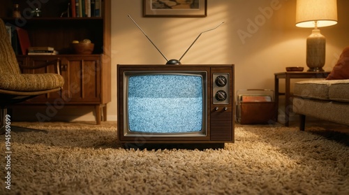 Vintage television in cozy retro living room with antenna and static display on shag carpet
