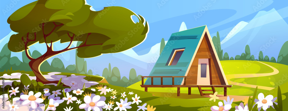Fototapeta premium Beautiful spring valley landscape with nice wooden house and white flowers. Vector cartoon illustration of countryside scene with cute chalet, lush green grass, sunny blue sky, mountains on horizon