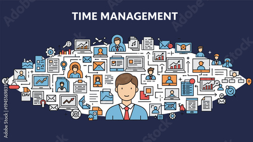 Extensive time management infographic displays a male professional surrounded by numerous icons for communication and productivity.